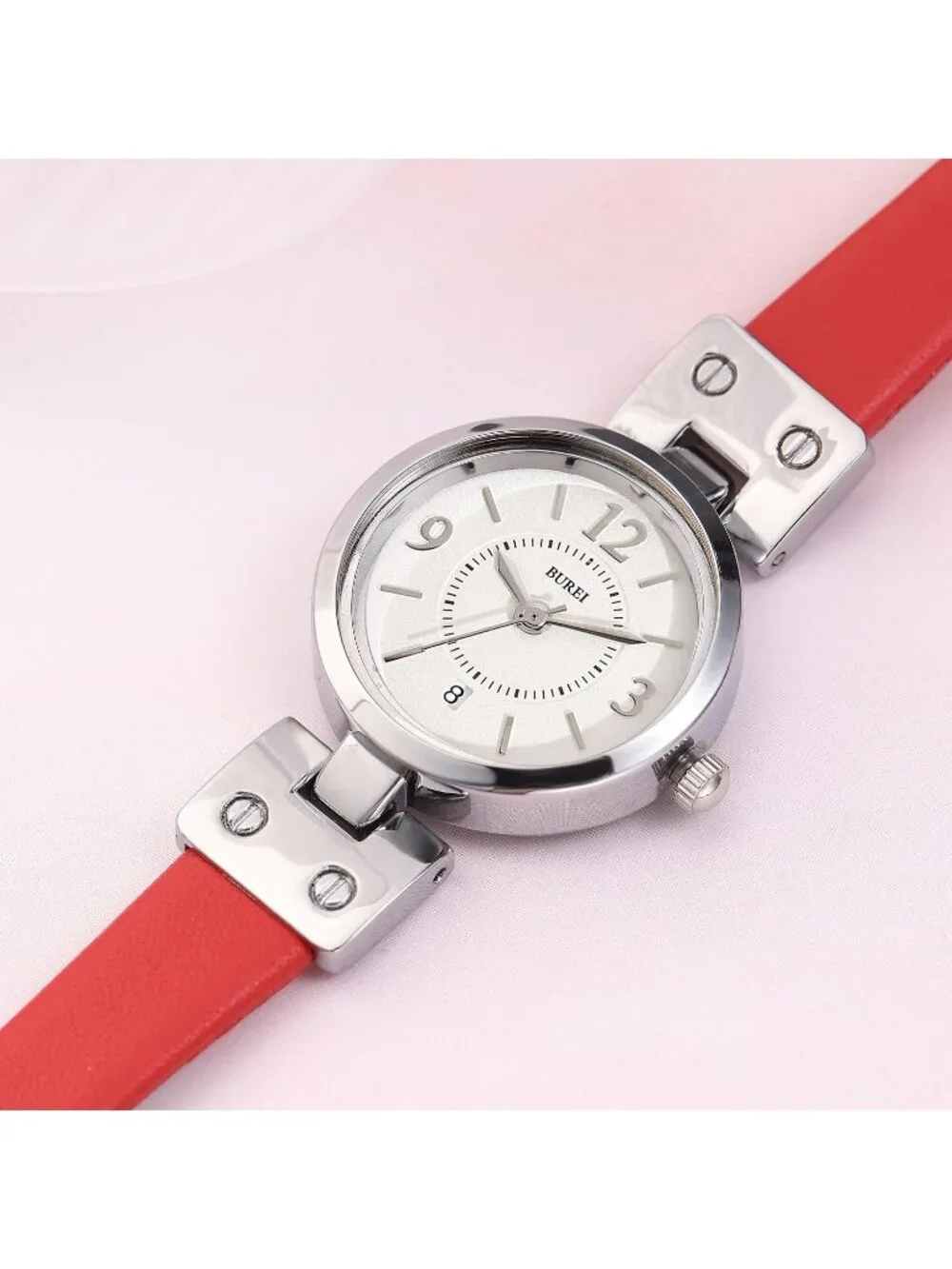 Women's Silver Red Gold Elegant Dial with Leather Strap Minimalist Wrist Watch